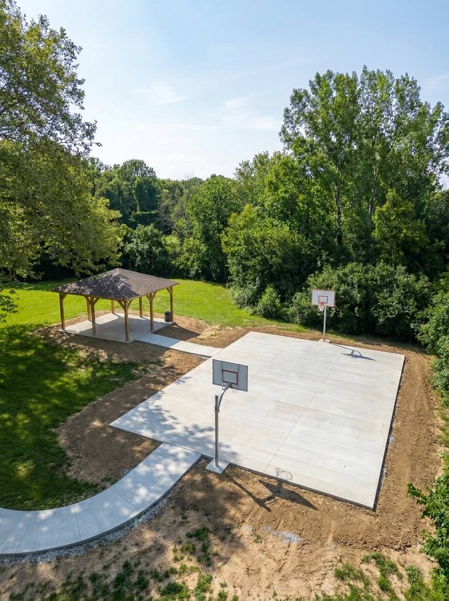 Aerial view of a community pavilion, curved sidewalk, and basketball court slab