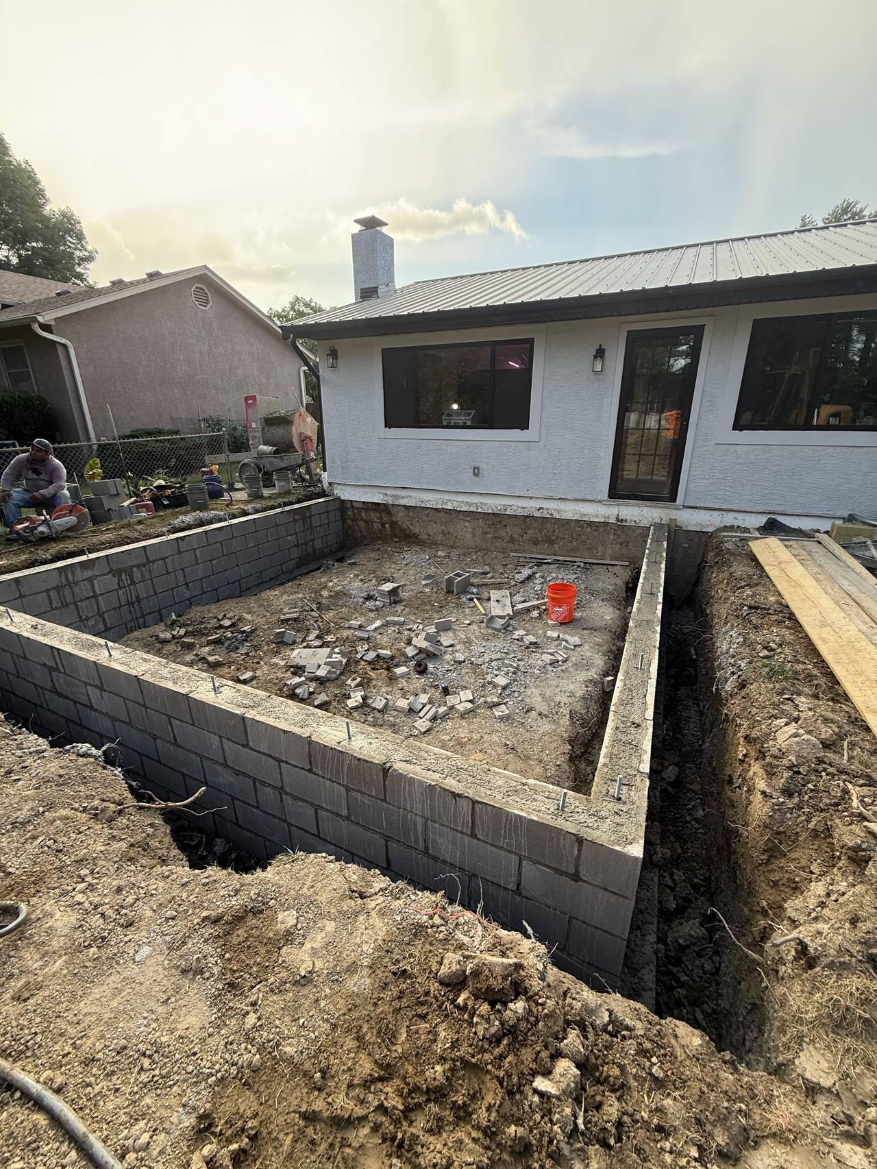 CMU block foundation wall under construction for a home addition